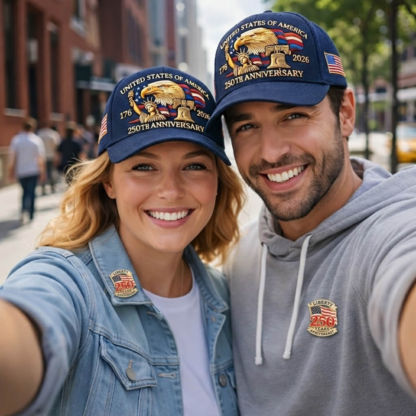 USA 250th Anniversary Hat – Liberty Badge Baseball Cap (Blue)