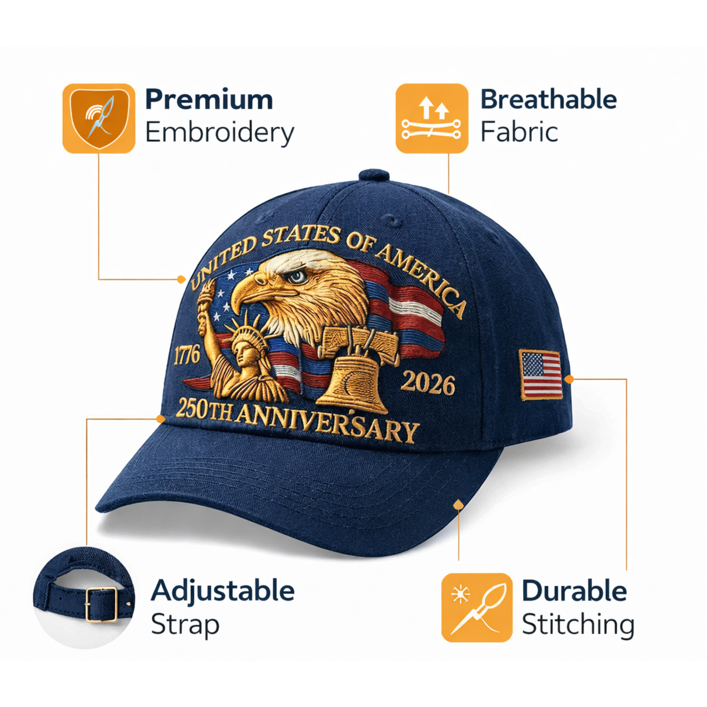 USA 250th Anniversary Hat – Liberty Badge Baseball Cap (Blue)