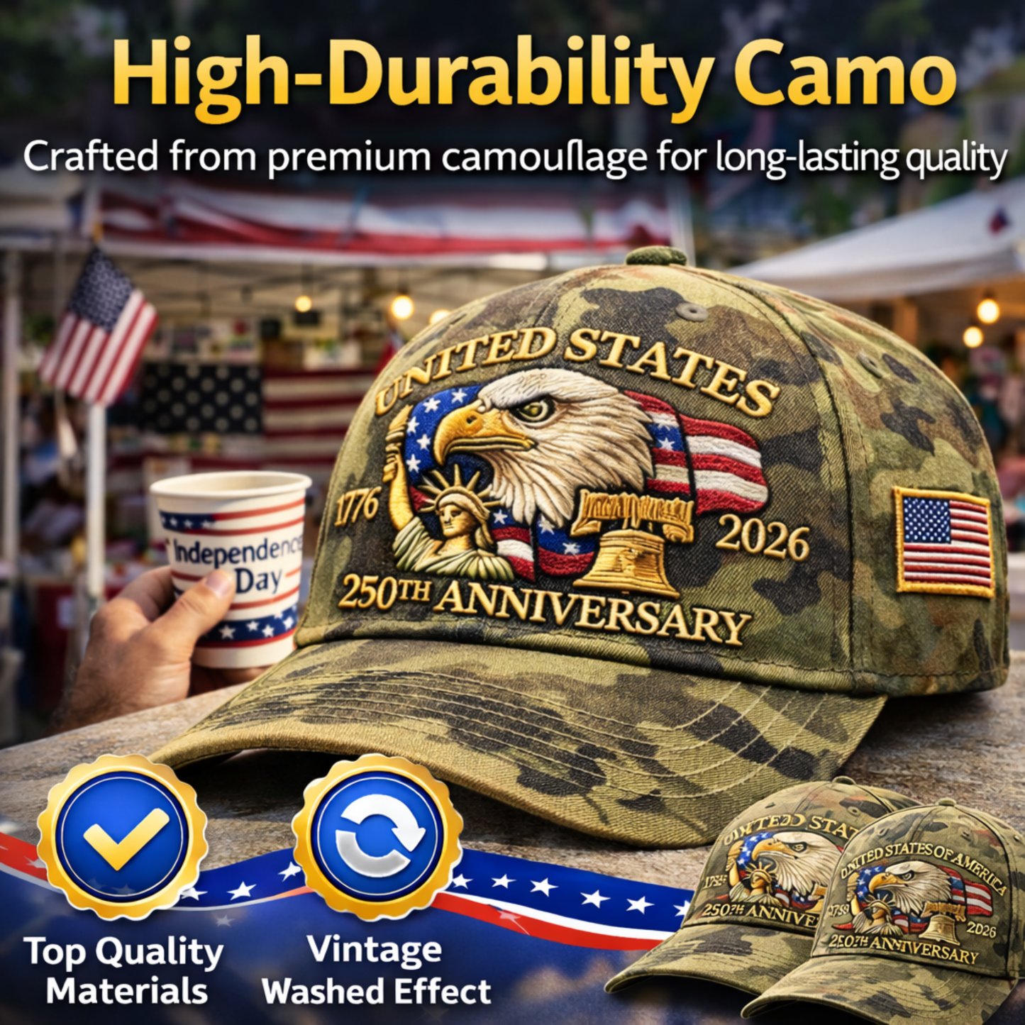 USA 250th Year Anniversary Patriotic Cameo Cap With Liberty Badge