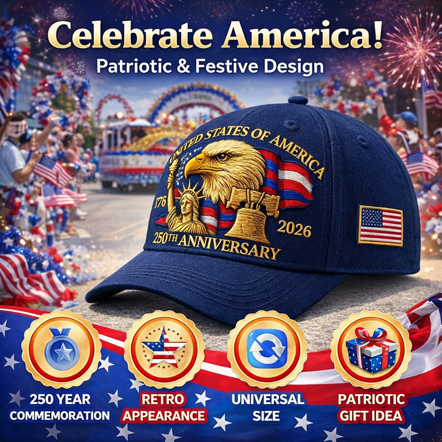 USA 250th Anniversary Hat – Liberty Badge Baseball Cap (Blue)
