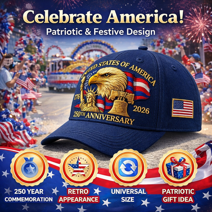 USA 250th Anniversary Hat – Liberty Badge Baseball Cap (Blue)