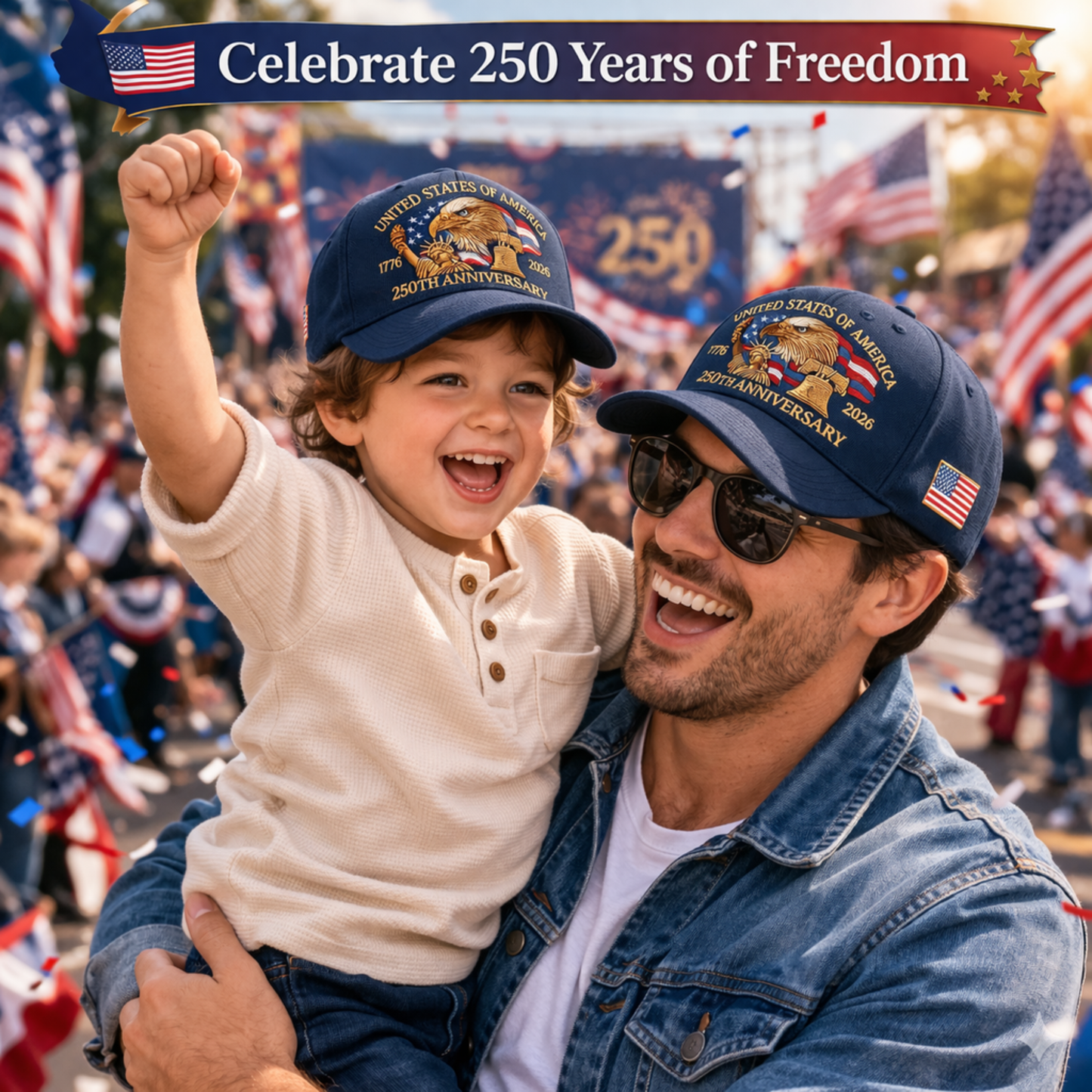 USA 250th Anniversary Hat – Liberty Badge Baseball Cap (Blue)