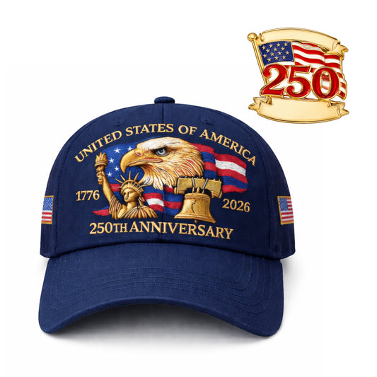 USA 250th Anniversary Hat – Liberty Badge Baseball Cap (Blue)