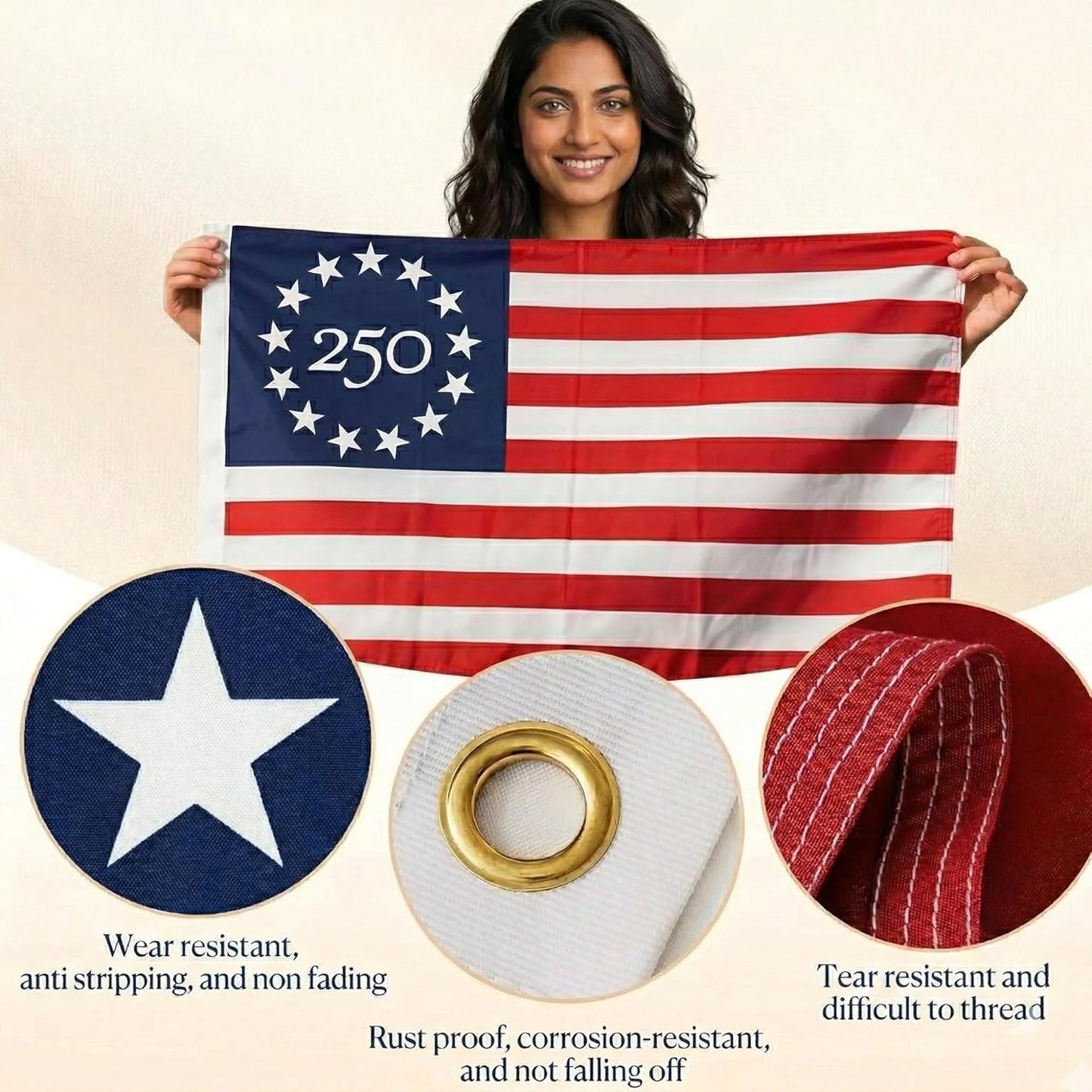USA 250th Anniversary Flag 3x5 Ft With Embroided Nylon Fabric