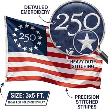 USA 250th Anniversary Flag 3x5 Ft With Embroided Nylon Fabric