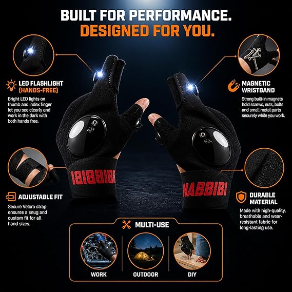 LED Flashlight Gloves for Men with Magnetic Wristband